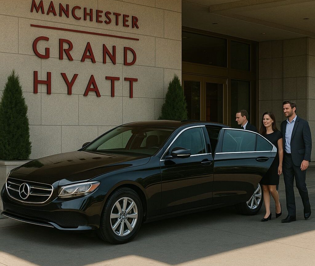 Private Car Service Manchester Grand Hyatt San Diego Airport black black sedan at entrance