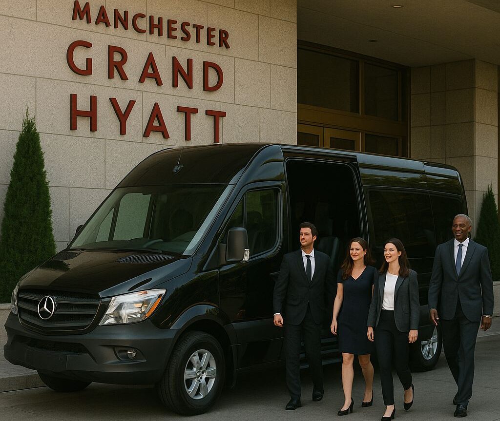 ✅ Alt Text Private Car Service Manchester Grand Hyatt San Diego Airport luxury Sprinter van chauffeur service at hotel entrance