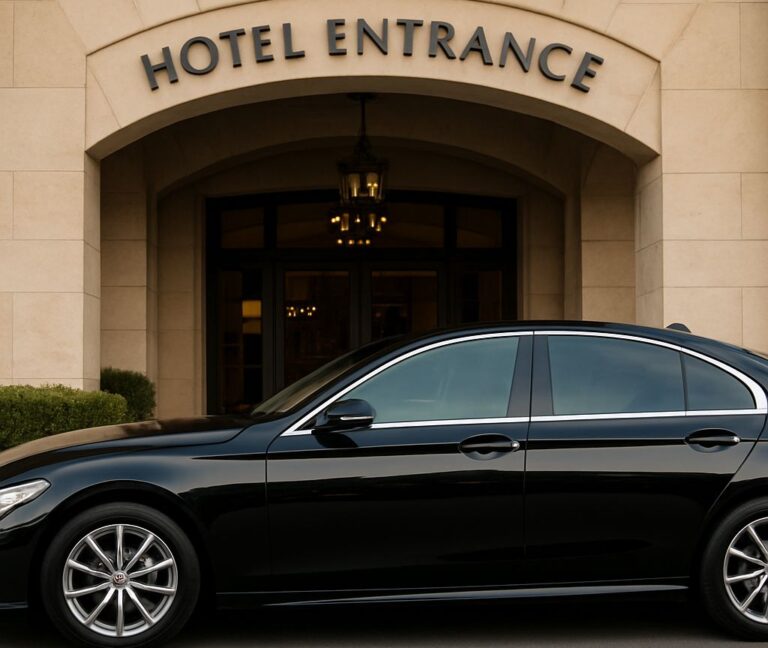 Black luxury sedan at hotel entrance – Richline’s San Diego Airport Hotel Transportation Services