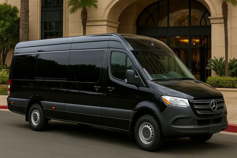 Luxury Sprinter van providing car service to The US Grant hotel in San Diego — Richline Transportation professional chauffeur experience.
