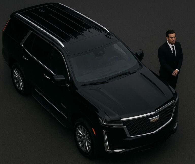 Black Cadillac SUV with chauffeur – Richline’s Encinitas Transportation Services
