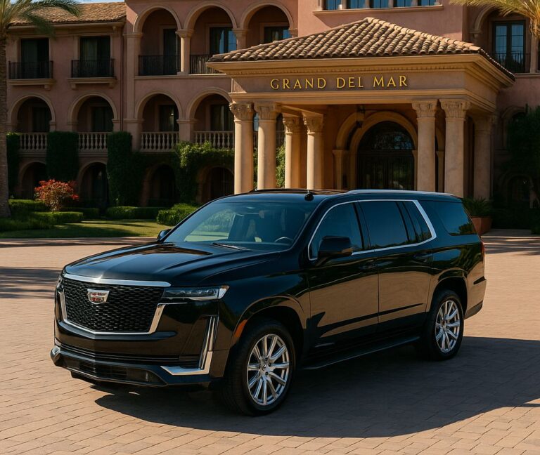 Fairmont Grand Del Mar Car Service with a luxury Cadillac Escalade at the resort entrance