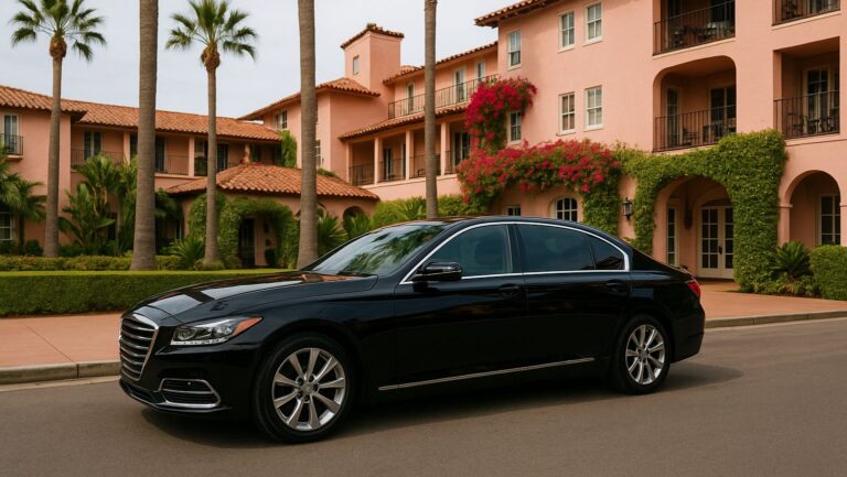 The Inn at Rancho Santa Fe Car Service with a luxury Mercedes-Benz S-Class at the hotel entrance