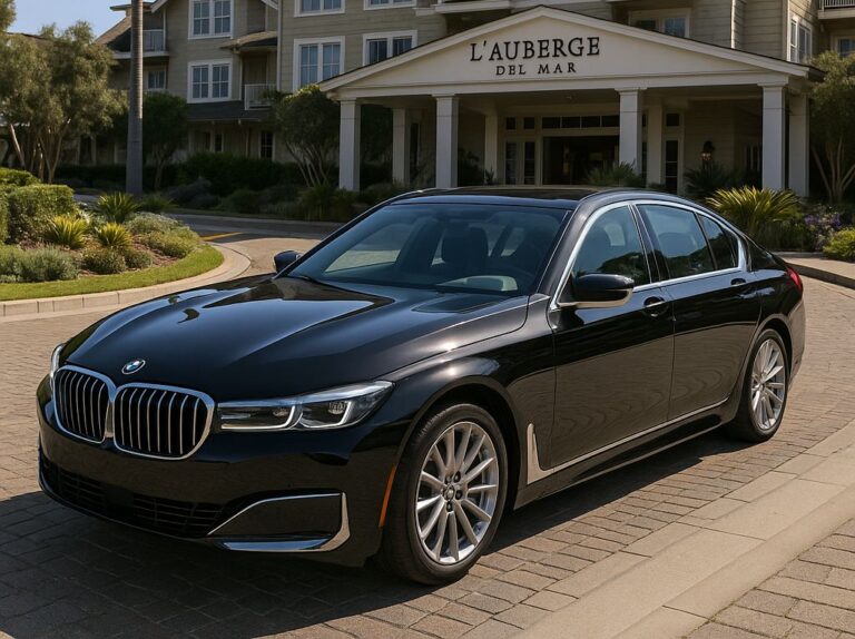 L'Auberge Del Mar Car Service with a luxury BMW 7 Series at the resort entrance