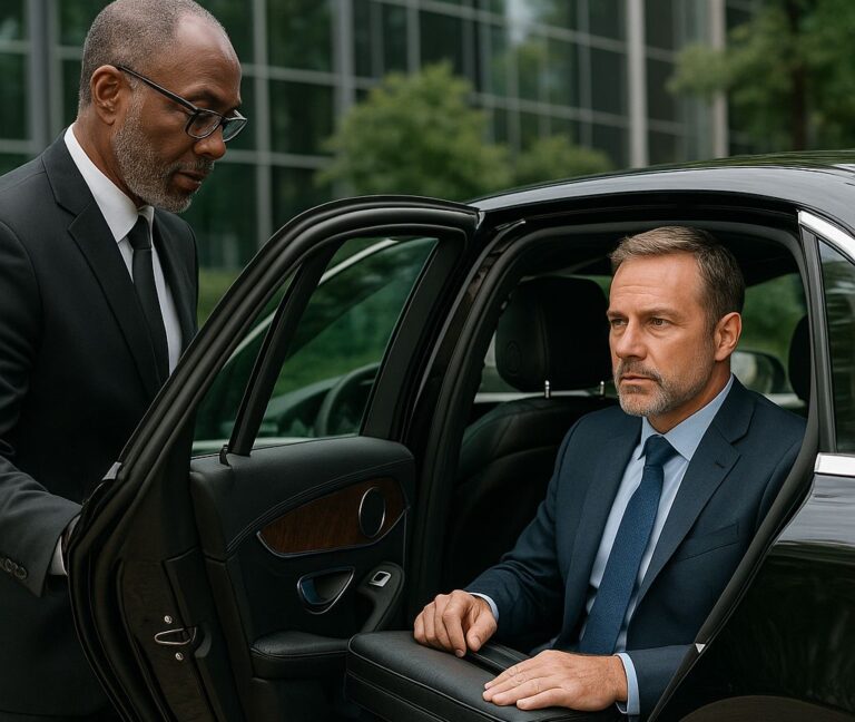 chauffeured rides executive entering luxury vehicle with professional chauffeur