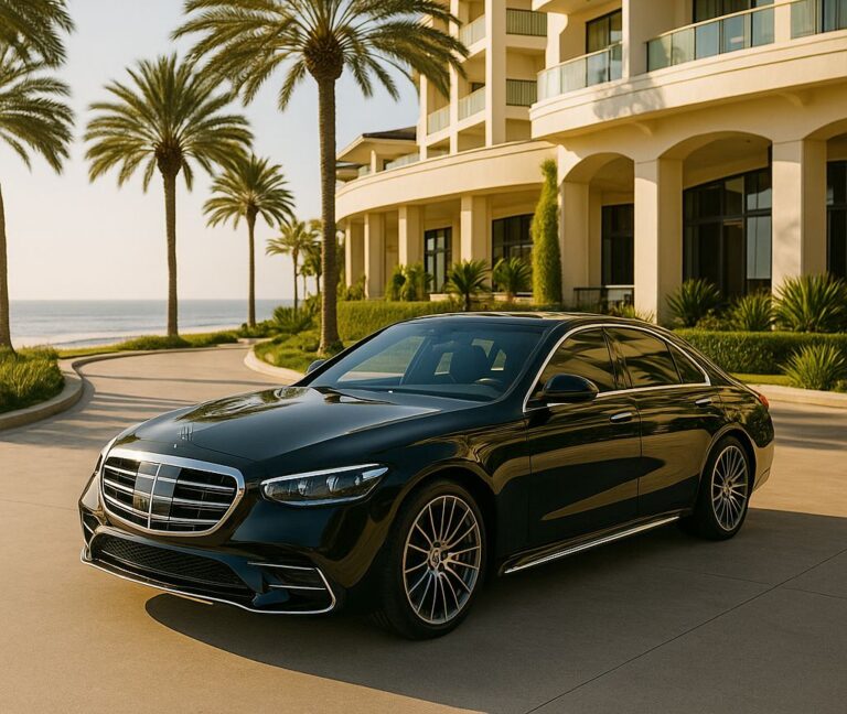 San Diego hotels with chauffeur service luxury car in front of hotel entrance
