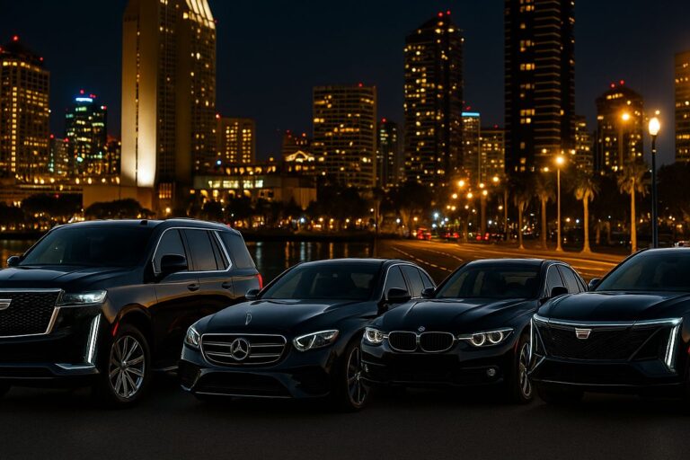 Downtown San Diego skyline with Cadillac, BMW, and Mercedes black cars from Richline Transportation