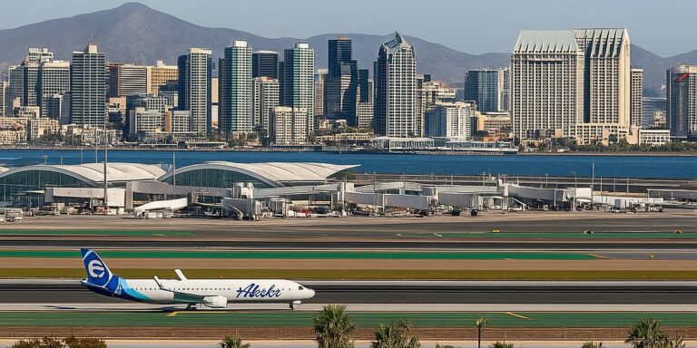 San Diego Airport with aircraft arriving near downtown San Diego skyline