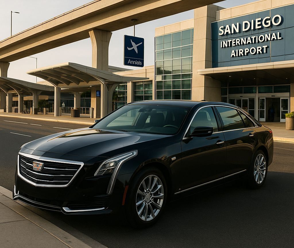 Encinitas airport car service – Cadillac sedan at San Diego International Airport terminal