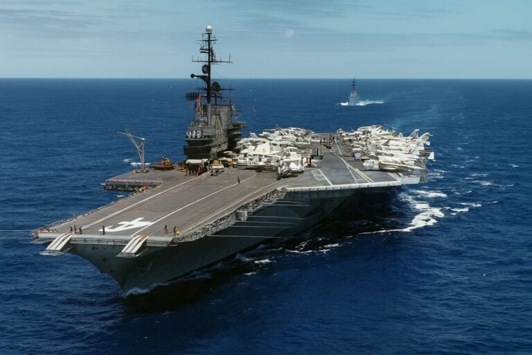 USS Midway San Diego aircraft carrier at sea during naval operations with aircraft on deck