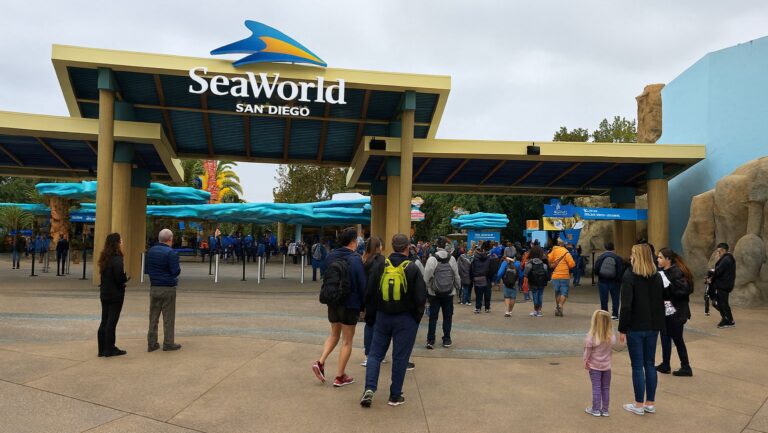 Crowds and families entering the main entrance of SeaWorld San Diego, featuring modern marine-themed architecture and palm trees.