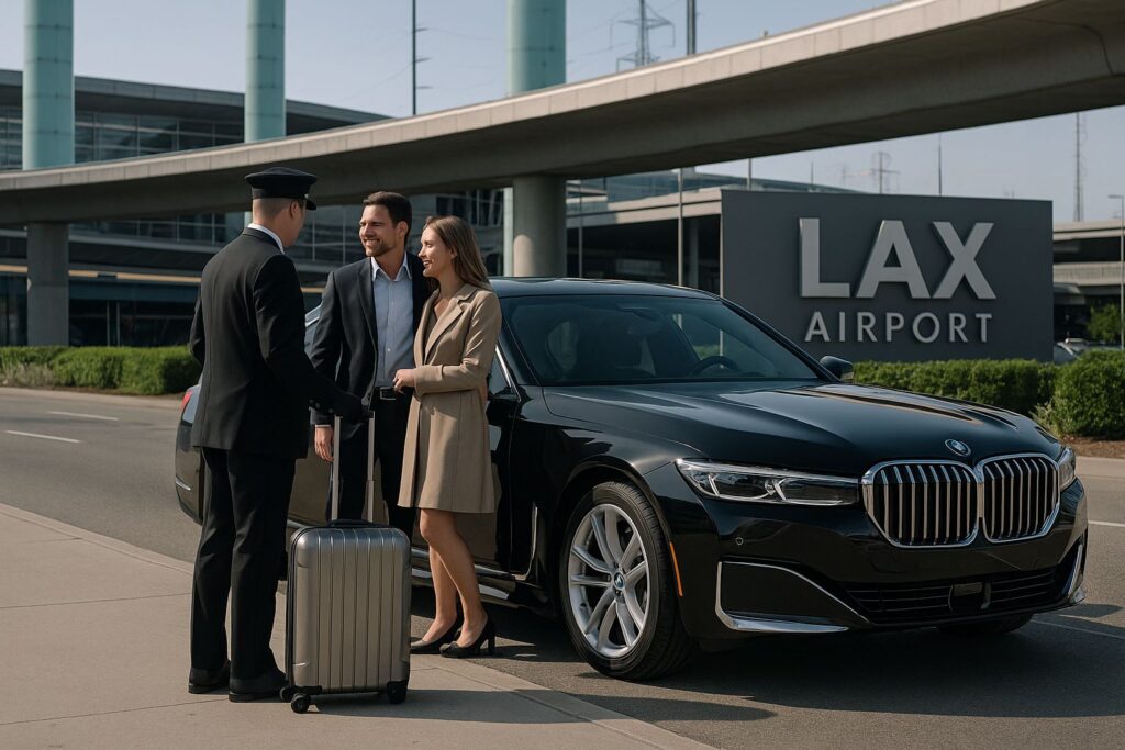 BMW 740 luxury car with chauffeur providing Encinitas to LAX Airport transfer service — Richline Transportation