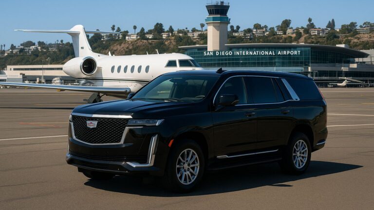Luxury black Cadillac Escalade at San Diego International Airport runway, representing Richline Transportation’s Del Mar to LAX Airport Transfers service.