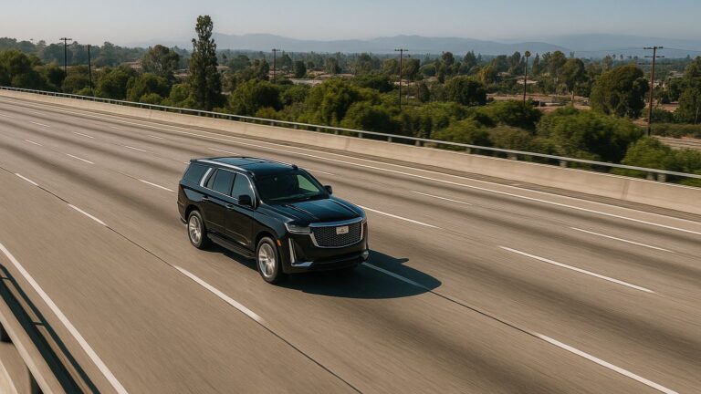 Luxury black Cadillac SUV driving on an open highway between San Diego and Los Angeles, representing Richline Transportation’s premium airport transfer service.
