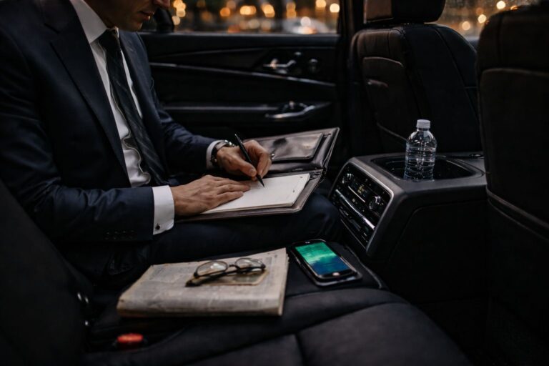 Business traveler working comfortably in the back seat during a San Diego Airport to Temecula car service by Richline Transportation.