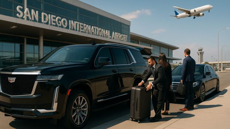 Professional chauffeur assisting travelers with luggage during a luxury airport transfer from San Diego International Airport (SAN) to Los Angeles International Airport (LAX).