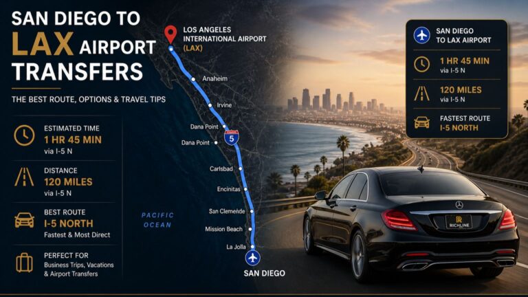 San Diego to LAX airport transfers luxury black car service route I-5 North travel time and distance