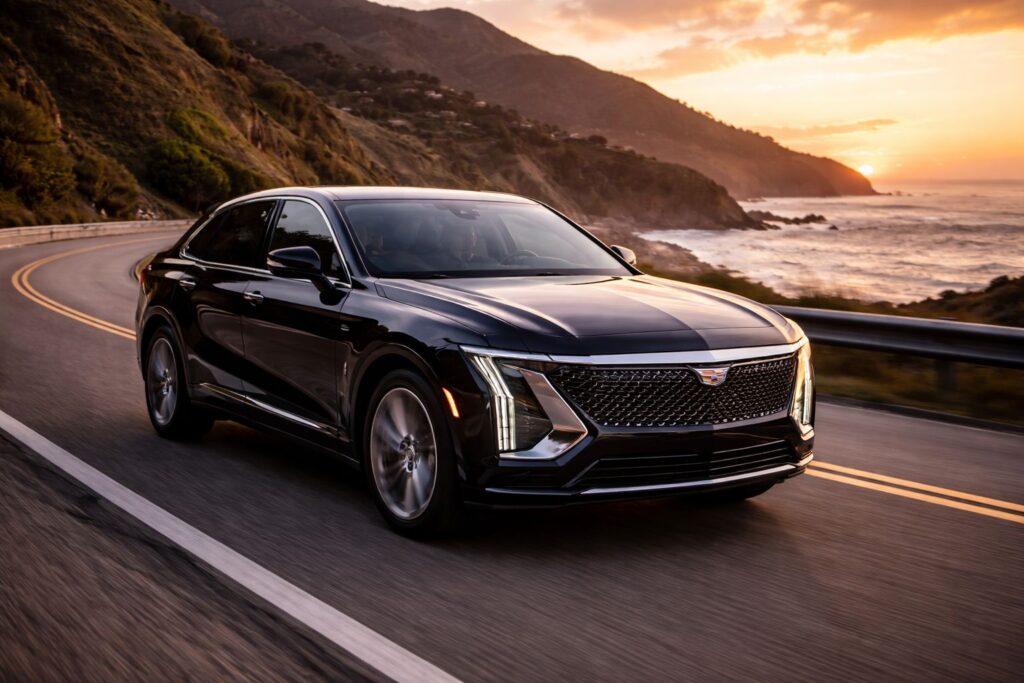 Luxury black SUV driving along the coast during sunset, representing Temecula to San Diego Airport car service by Richline Transportation.