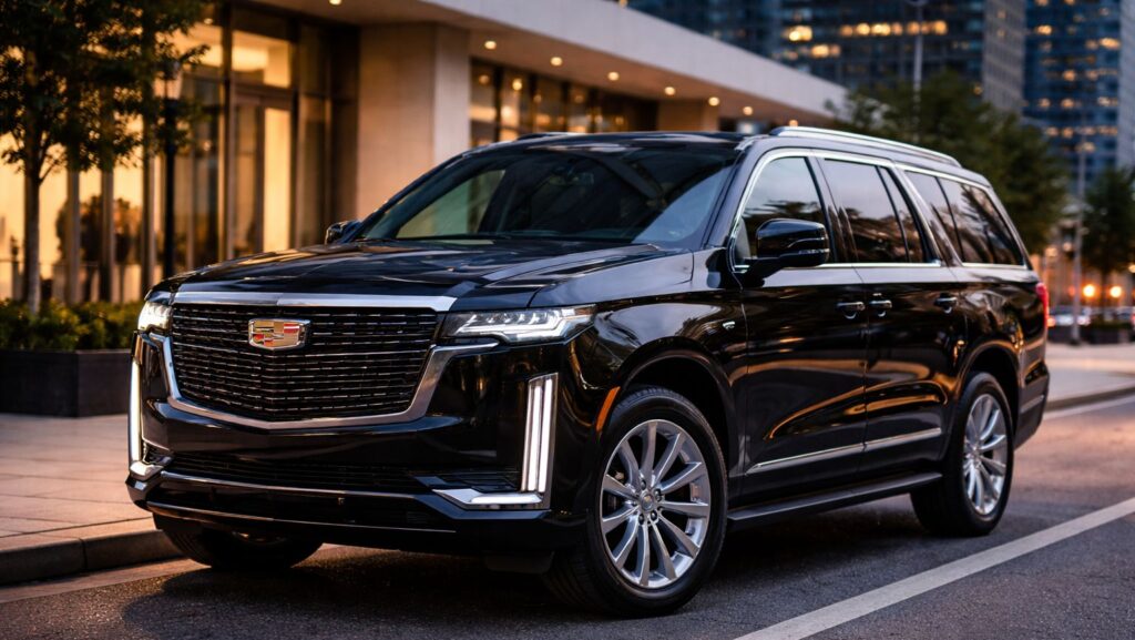Luxury Cadillac Escalade SUV parked near downtown, representing executive car service from Carlsbad to San Diego Airport by Richline Transportation.