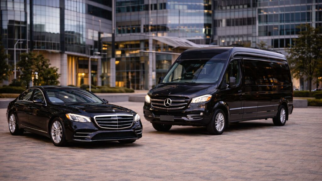 Luxury Mercedes sedan and Sprinter van parked near modern offices, representing premium car service from Carlsbad to San Diego Airport by Richline Transportation.