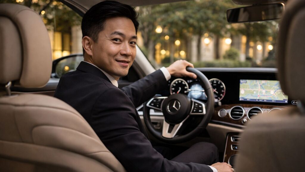 Professional chauffeur driving a luxury Mercedes sedan, representing premium car service from Carlsbad to San Diego Airport by Richline Transportation.