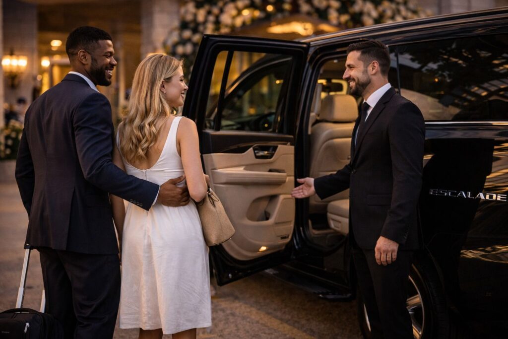 Chauffeur welcoming a couple to a luxury Cadillac Escalade, representing premium car service from San Diego Airport to Carlsbad by Richline Transportation.