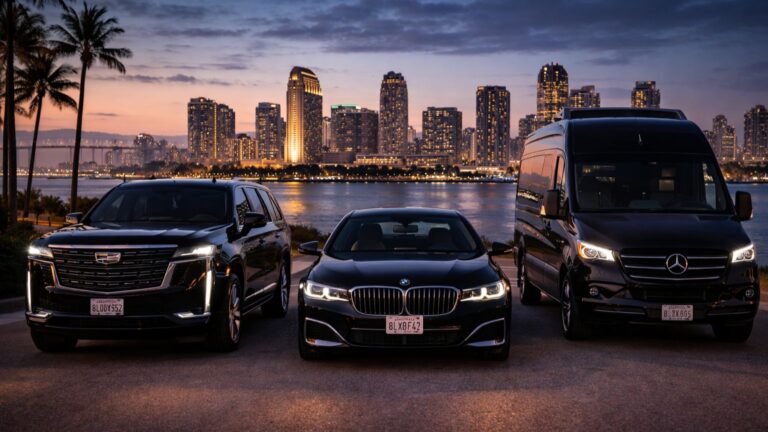 Luxury black Cadillac Escalade, BMW 740i, and Mercedes Sprinter representing black car service in San Diego with downtown skyline background