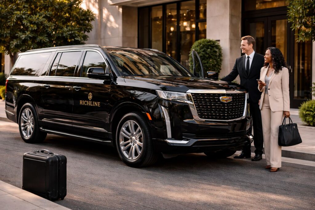 Chauffeur greeting a business traveler beside a luxury black SUV, representing professional car service from Carlsbad to LAX by Richline Transportation.