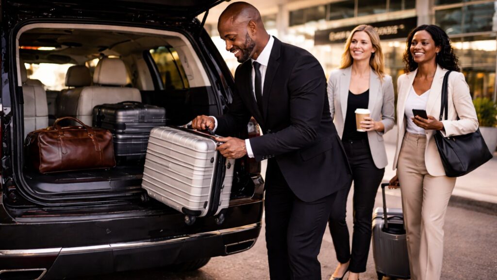 Professional chauffeur assisting passengers with luggage for Legoland shuttle service by Richline Transportation.