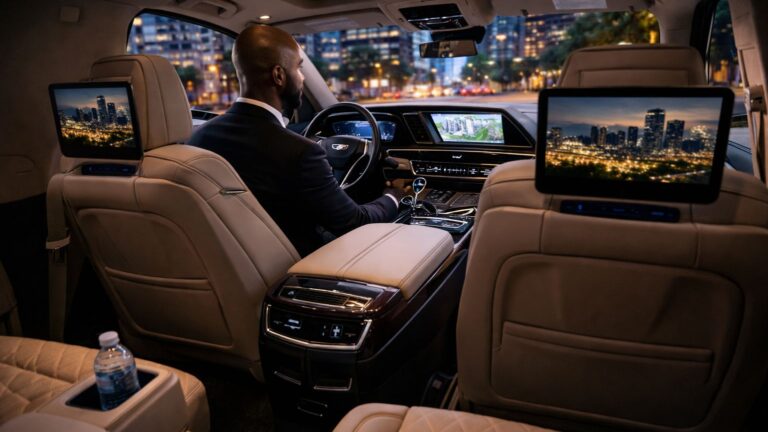 Luxury car interior with chauffeur driving through city lights, representing Black Car Service Carlsbad by Richline Transportation.