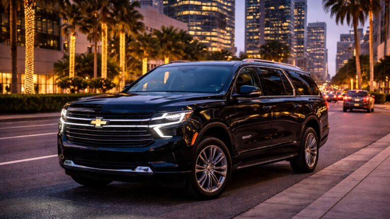 Luxury black Chevrolet SUV parked in downtown Carlsbad at dusk, representing Black Car Service Carlsbad by Richline Transportation.