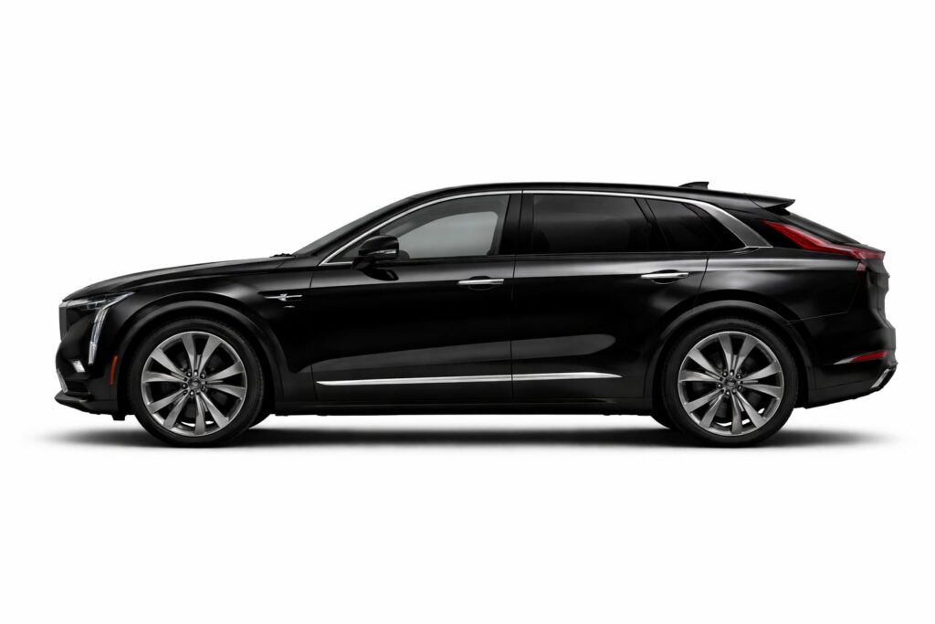 Luxury black Cadillac Lyriq side profile symbolizing Richline Transportation black car service for premium executive and airport travel.