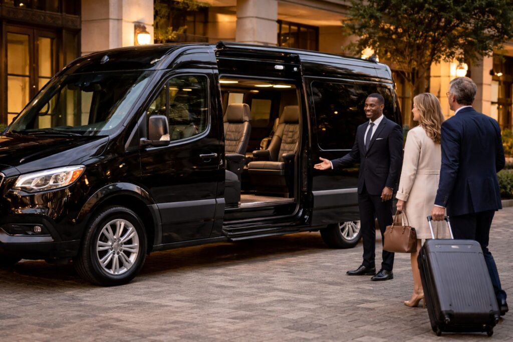 Richline Transportation chauffeur welcoming clients into a luxury Sprinter van — featured on the F.A.Q page to represent professional car service guidance.