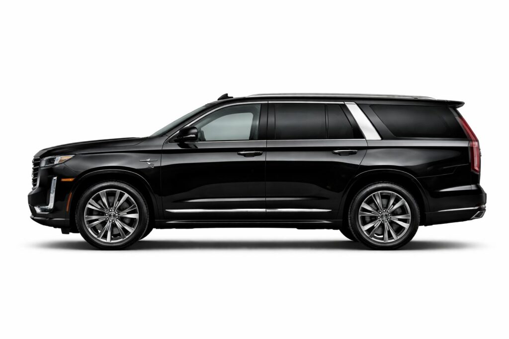 Sleek black Cadillac Escalade side profile representing Richline Transportation premium SUVs for luxury airport and executive transfers.