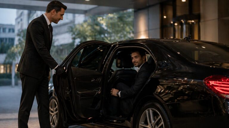 Richline works chauffeur opening luxury black car door for executive passenger