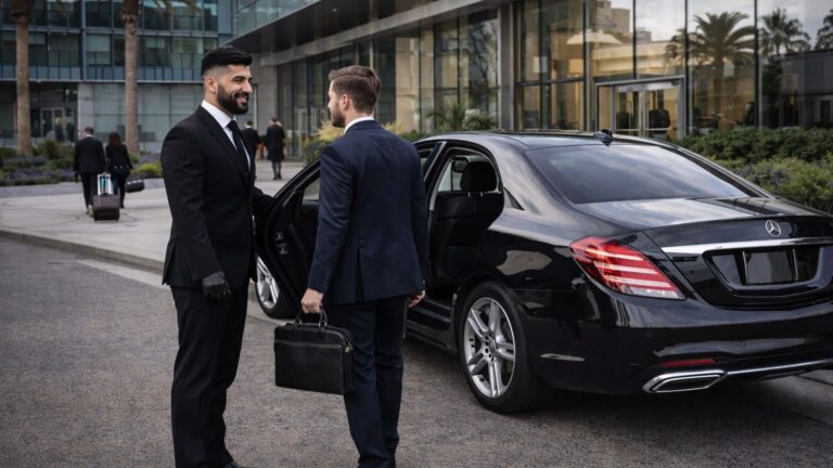 Professional chauffeur greeting client for San Diego to Disneyland car service beside luxury black vehicle