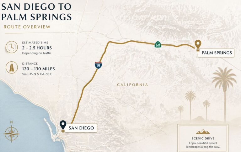 San Diego to Palm Springs route map showing distance and travel time for private car service