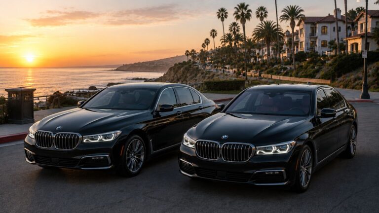 BMW 740i executive sedans overlooking the La Jolla coastline for luxury La Jolla Car Service