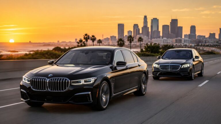 Oceanside to LAX car service with black BMW 740i and Mercedes-Benz S-Class driving along Southern California coastal highway at sunset