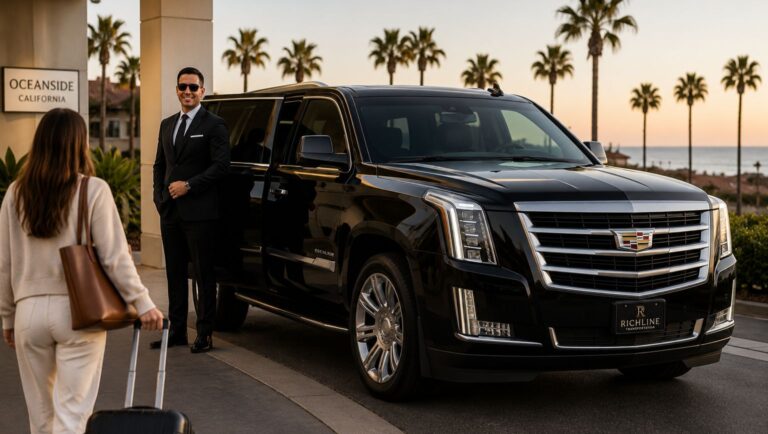 Professional chauffeur greeting a traveler beside a Cadillac Escalade for Oceanside to San Diego Airport Car Service