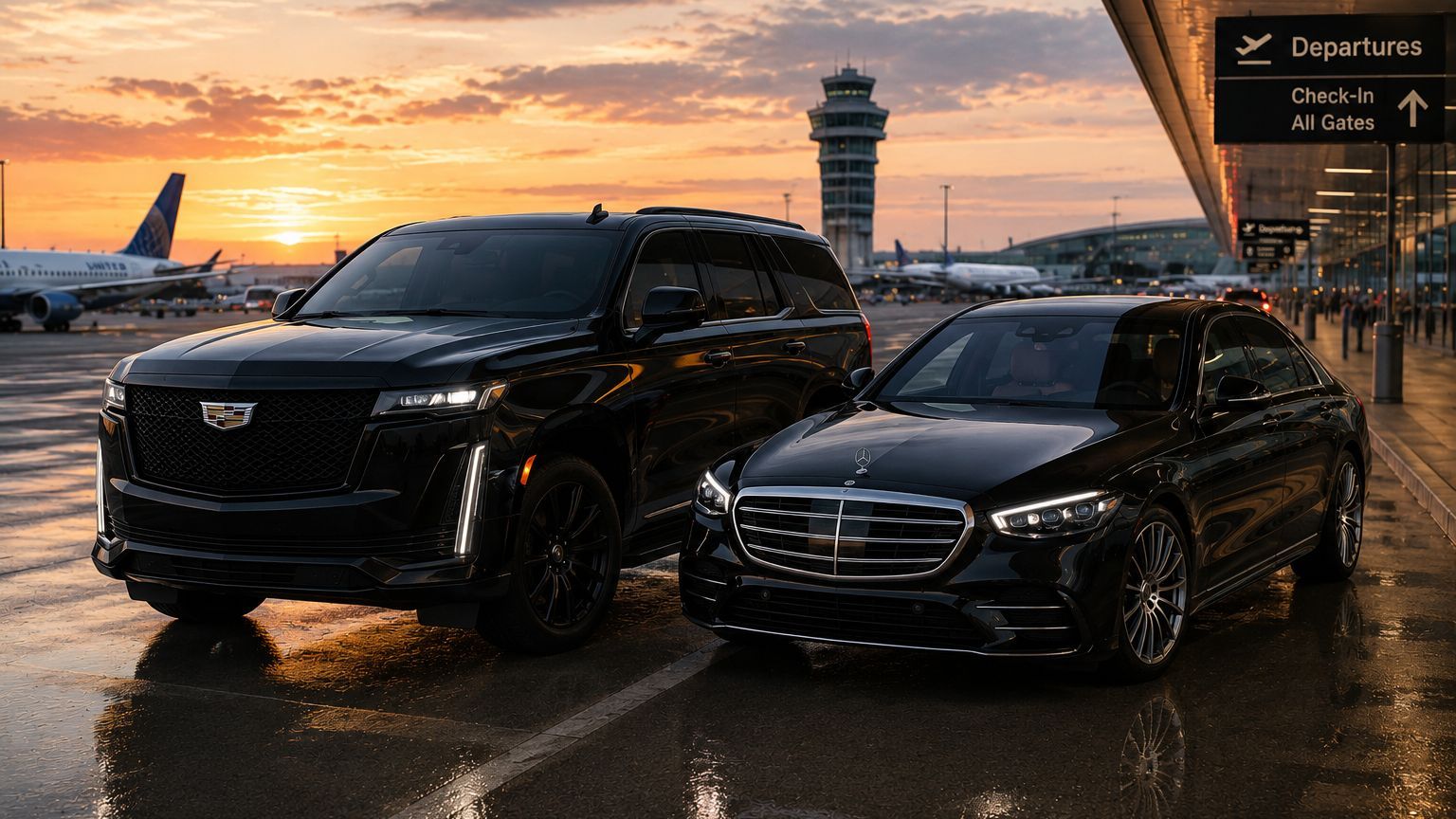 Richline Transportation luxury airport transfer fleet with Escalade SUV and Mercedes sedan at airport terminal