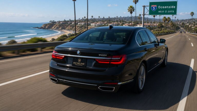 San Diego Airport to Oceanside car service with black BMW 740i luxury sedan on coastal Interstate 5 route