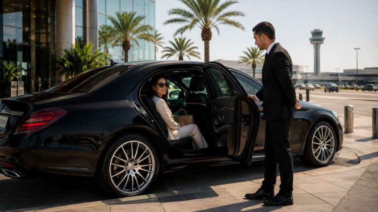 San Diego to Ontario Airport car service with chauffeur assisting passenger into luxury black sedan