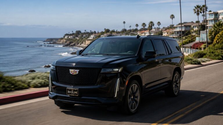 San Diego to Ontario Airport car service with black luxury SUV driving along coastal road