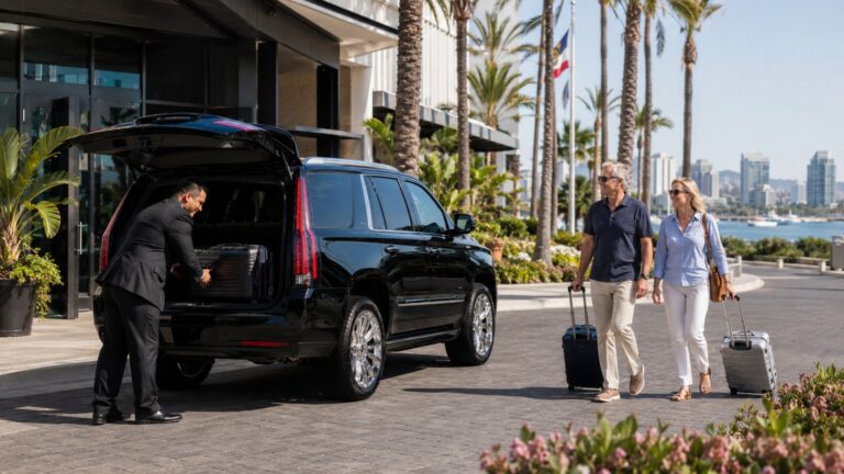 Flying into SAN for a Cruise day-before hotel arrival with chauffeur unloading luggage from black SUV
