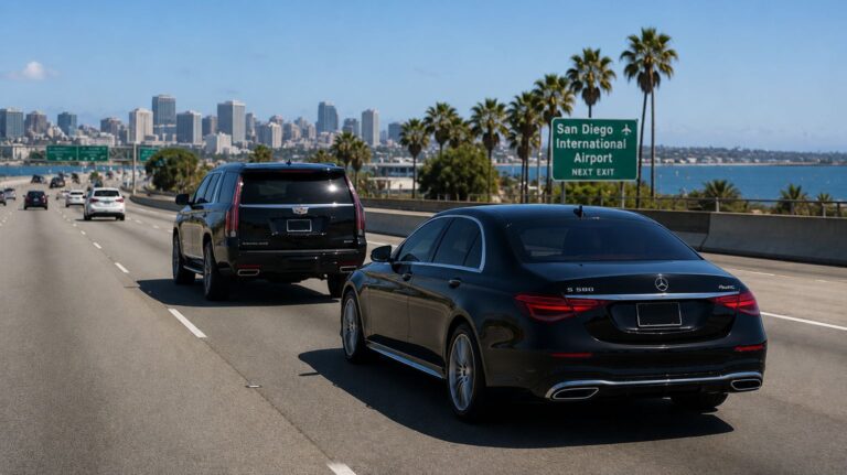 How Early Should I Leave for SAN Airport? Luxury airport transportation approaching San Diego International Airport (SAN)
