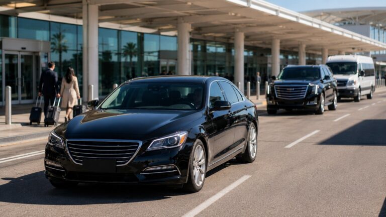 How Early Should I Leave for SAN Airport - black sedan approaching a busy SAN Airport terminal drop-off lane