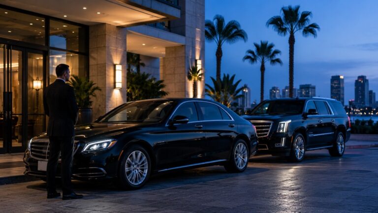 How Early Should I Leave for SAN Airport - black sedan and SUV waiting outside a San Diego hotel for early morning airport transfer