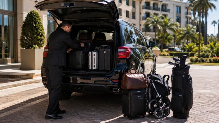 How Early Should I Leave for SAN Airport - chauffeur loading luggage, stroller, and golf bag into a luxury SUV