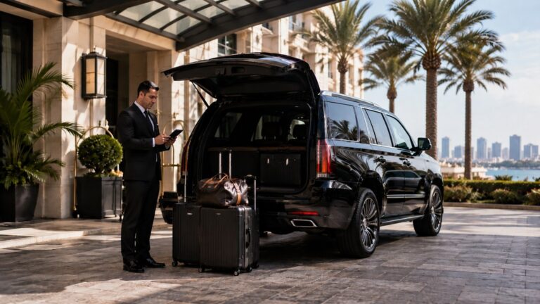 How Early Should I Leave for SAN Airport - chauffeur checking pickup schedule beside a luxury SUV at a San Diego hotel